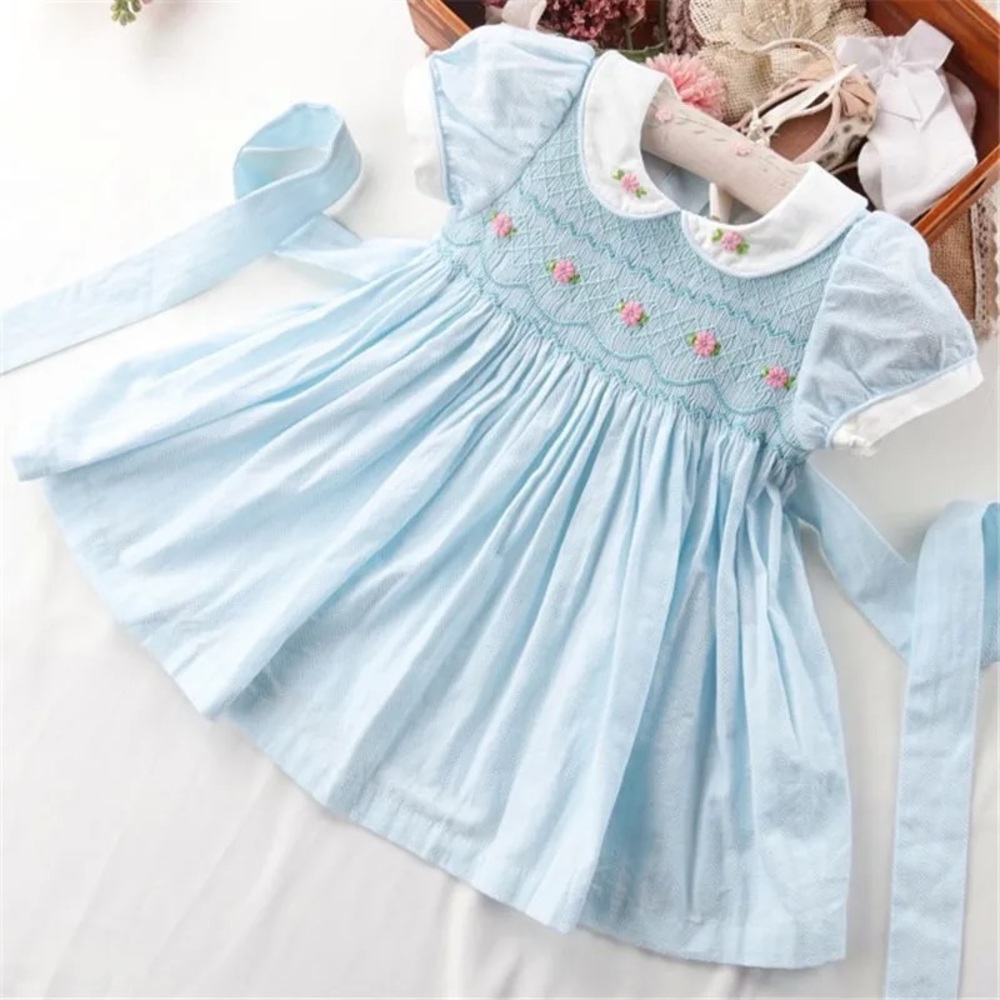Charming Blue Kids Smocked Dress for Toddler Girls